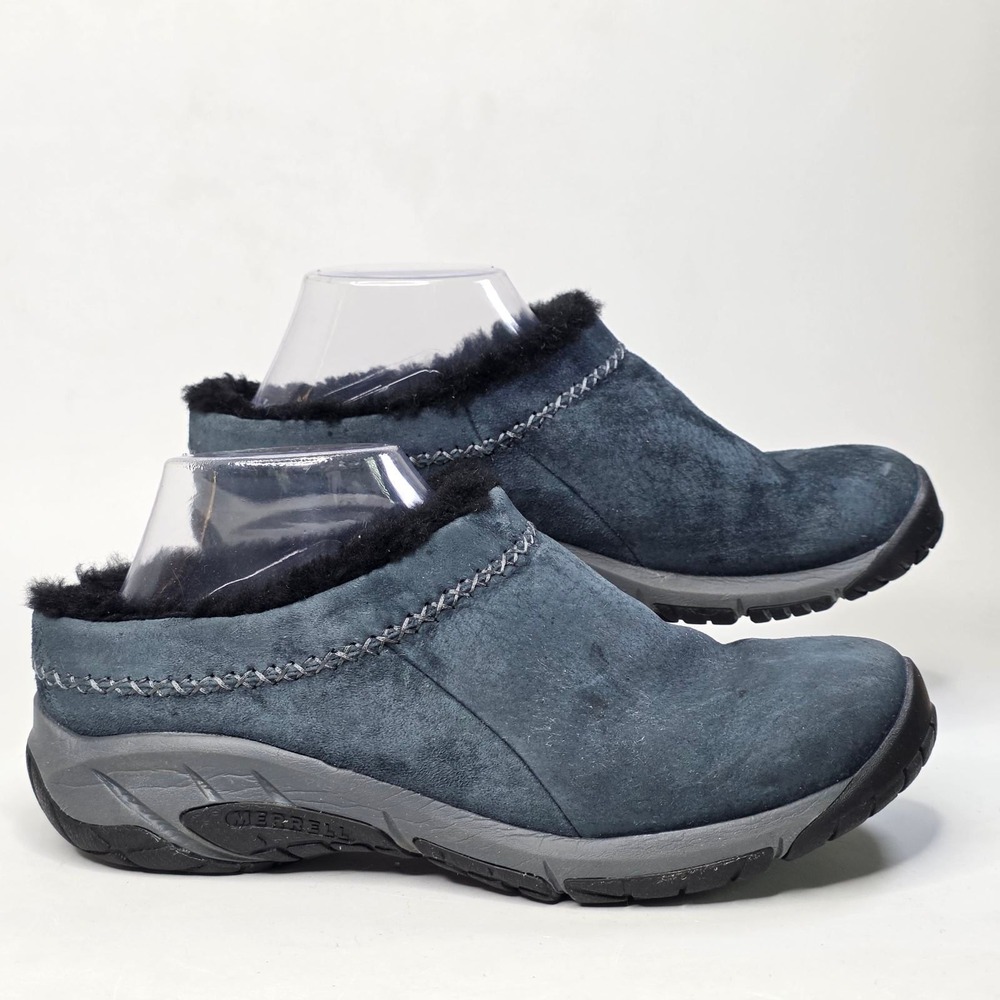 Merrell Encore Ice 4 Clogs Womens 9 Navy Blue Suede Sheepskin Lined Slip On Shoe